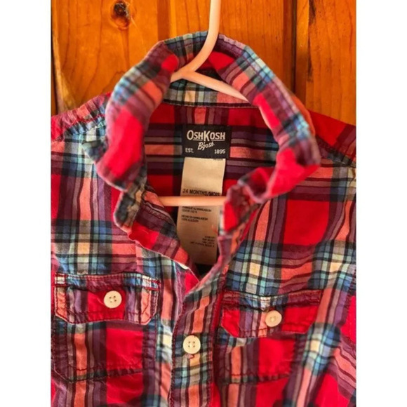 OshKosh B'gosh Plaid Button-Up One-piece, Size 24 Months Red Long Sleeve Toddler - Picture 3 of 3